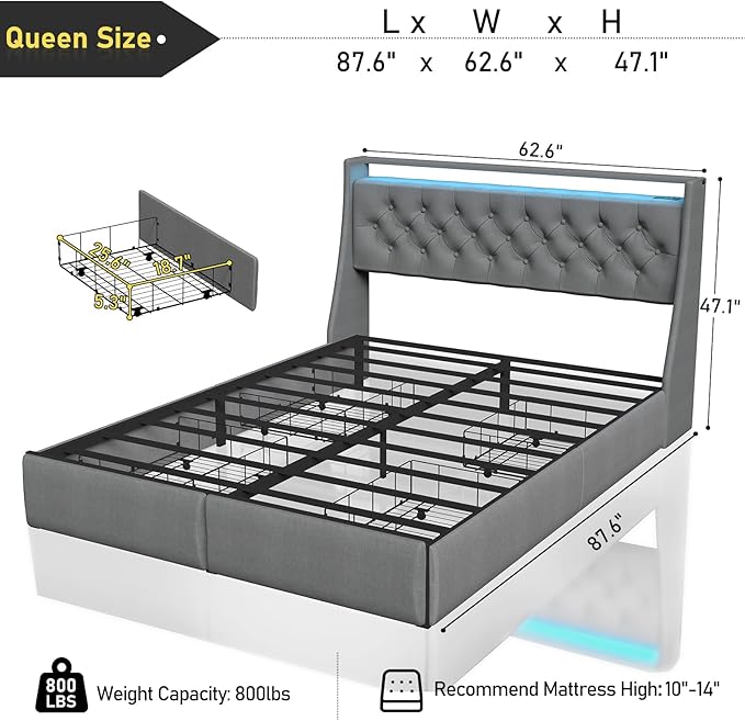 SADENICEL Queen Bed Frame with Storage Headboard, Metal Platform Bed Frame Queen Size with 4 Drawer, LED Light, Charging Station, No Box Spring Needed, Noise Free, Easy Assembly, Grey