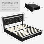 Queen Led Bed Frame with 2 Drawers, Heavy Duty Upholstered Platform Bed Frames Queen Size with Storage and Adjustable Crystal Button Tufted Headboard, No Box Spring Needed, Easy Assembly, PU Black