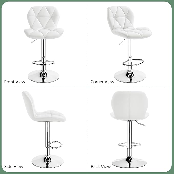 Yaheetech Bar Stools Set of 4, Adjustable PU Leather Swivel Barstools, Modern Counter Stools with Back and Footrest, Counter Height Barstools for Bar, Kitchen, Dining Room, White