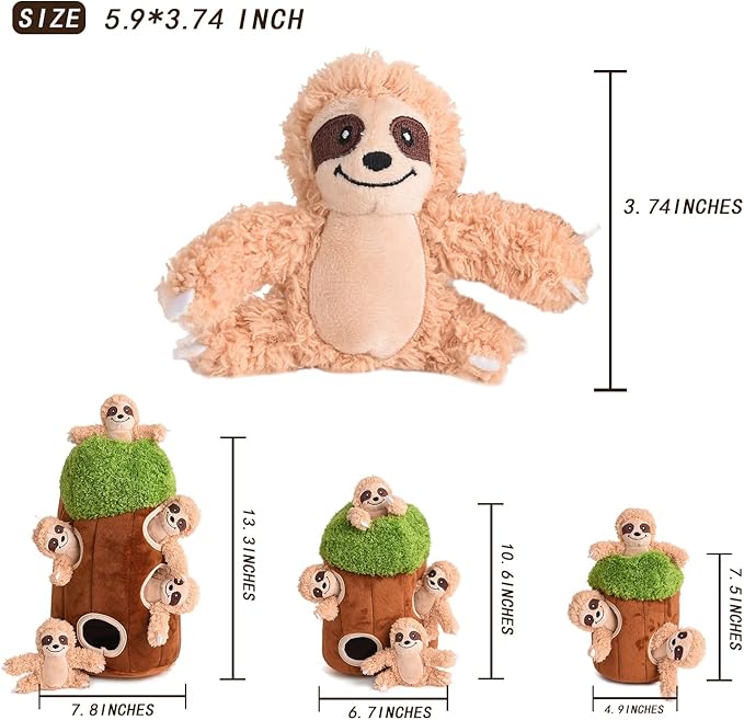 Interactive Squeaky Dog Toys Plush Sloth Dog Toy, Stuffing Woodland Friends Burrow, Squeaky Plush Dog Toy for Small Medium Large Dogs (Small)
