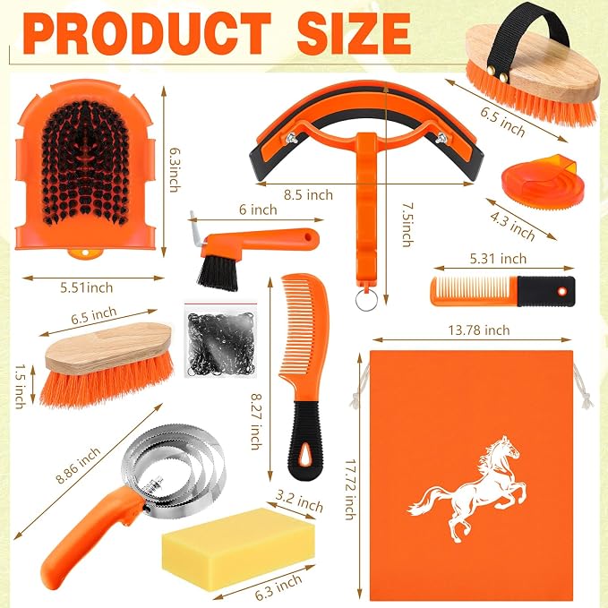 Abbylike 12 Pieces Horse Grooming Kit Racing Festival Tack Room Supplies Horse Brush Sets Equine Care Cleaning Kit Shedding Grooming Massaging Tools(Orange)