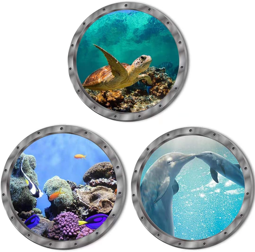 Under The Sea Nature Scenery Ocean Animals World Includ Sea Turtles Dolphins Coral 3 Pcs Removable 3D Wall Decals Peel and Stick Vinyl Stickers for Bathroom and Bedroom, Furniture,Home Decor
