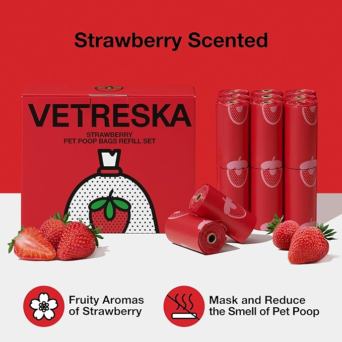 VETRESKA Strawberry Scented Dog Poop Bags, Leak Proof, Extra Thick and Large Pet Waste Bags for Dogs Walking and Cat Litter, 20 Refill Rolls, 300 Bags, Red