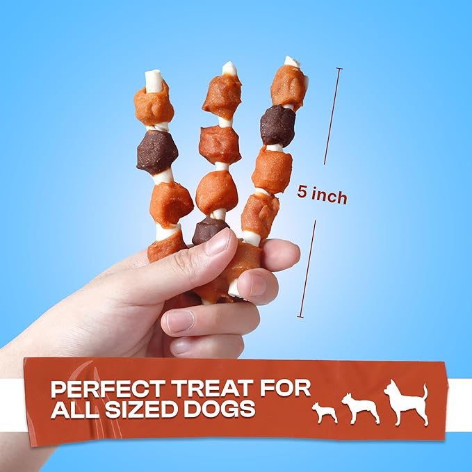 PETPHABET Dog Kabobs Treats - 5 Flavors Training Snacks, Healthy Puppy Chews for Small Medium Large Breeds, Made with Chicken, Sweet Potato, Duck, Cheese & Rawhide Sticks 14oz