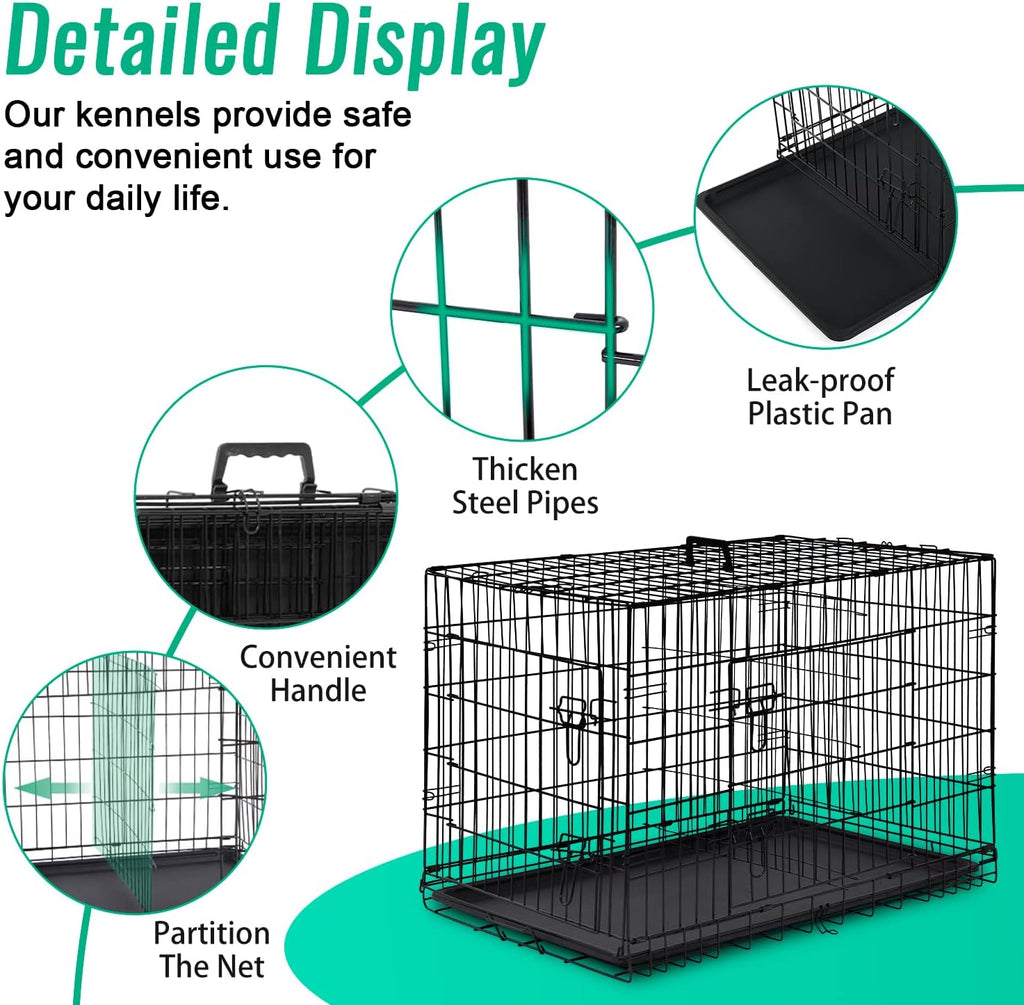 FDW Dog Crate for Large Dogs 42 Inch Folding Metal WirePet Cage Double Door W/Divider Panel Indoor Outdoor Kennel Leak-Proof Plastic Tray,Black