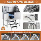 Albott 50-Inch Stainless Steel Dog Washing Station with Anti-Slip Steps, Sprayer, Faucet, and Soap Box – Professional Pet Bathtub for Medium/Small Pets, Ideal for Home, Garage, and Grooming(Left)