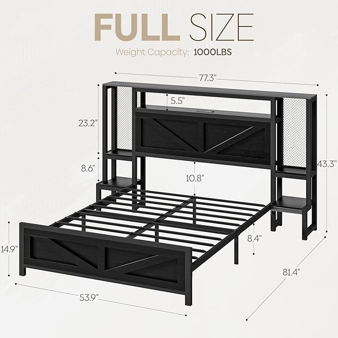 Full Size Rustic Bed Frame with Storage Born Door Headboard and Bedside Storage, Industrial Farmhouse Metal Platform Bed Frame with Charging Station and LED Lights, Black