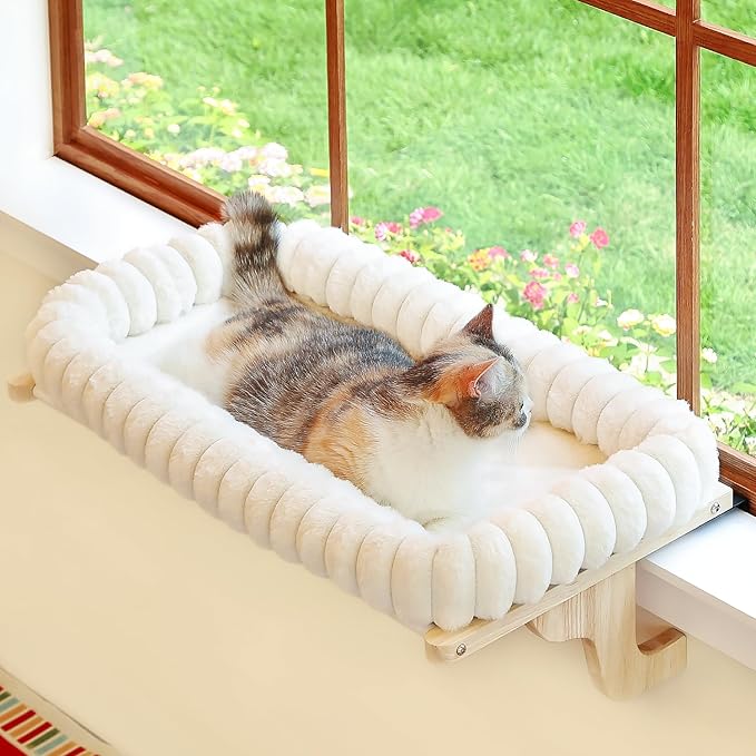 Zakkart SnugCloud Cat Window Perch with 4-Sided Bolster - Orthopedic Cat Hammock for Window Sill - Solid Hardwood & Metal Frame - Window Seat for Pets (Natural Color Wood w/White Bed, Medium)