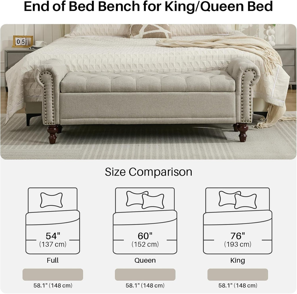 58.1'' Storage Bench Upholstered Linen End of Bedroom Bed Bench Ottoman with Tufted Cushioned Rolled Arm Large Storage Space for Reading Living Room Entryway, Light Brown