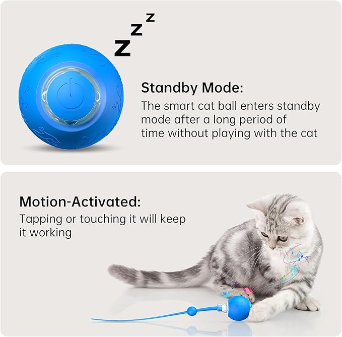 Interactive Cat Toy for Indoor Cats,Automatic Electric Self Rotating Ball with Chirping, Led Light and Long Tail for Motion Activated, Smart Spinning Ball for Fun Exercise, Blue