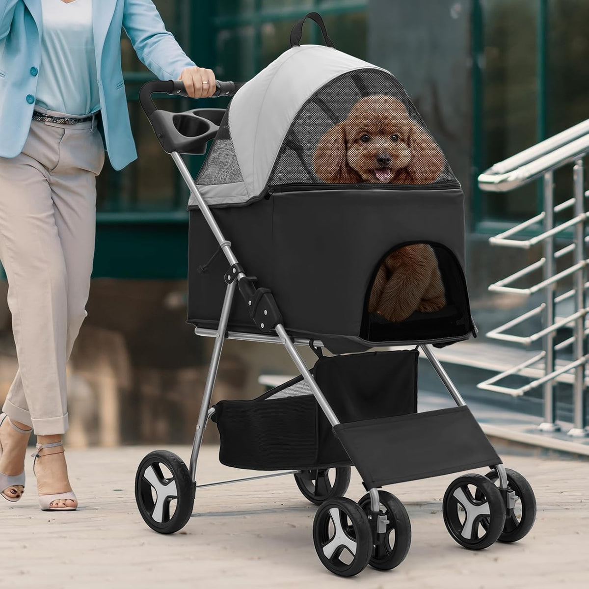 Magshion Foldable Pet Stroller, 3-in-1 Dog Travel Jogger with Detachable Carrier, Cup Holder, Storage Basket, Folding Carrier for Small/Medium Dogs & Cats Up to 33 lbs, Black