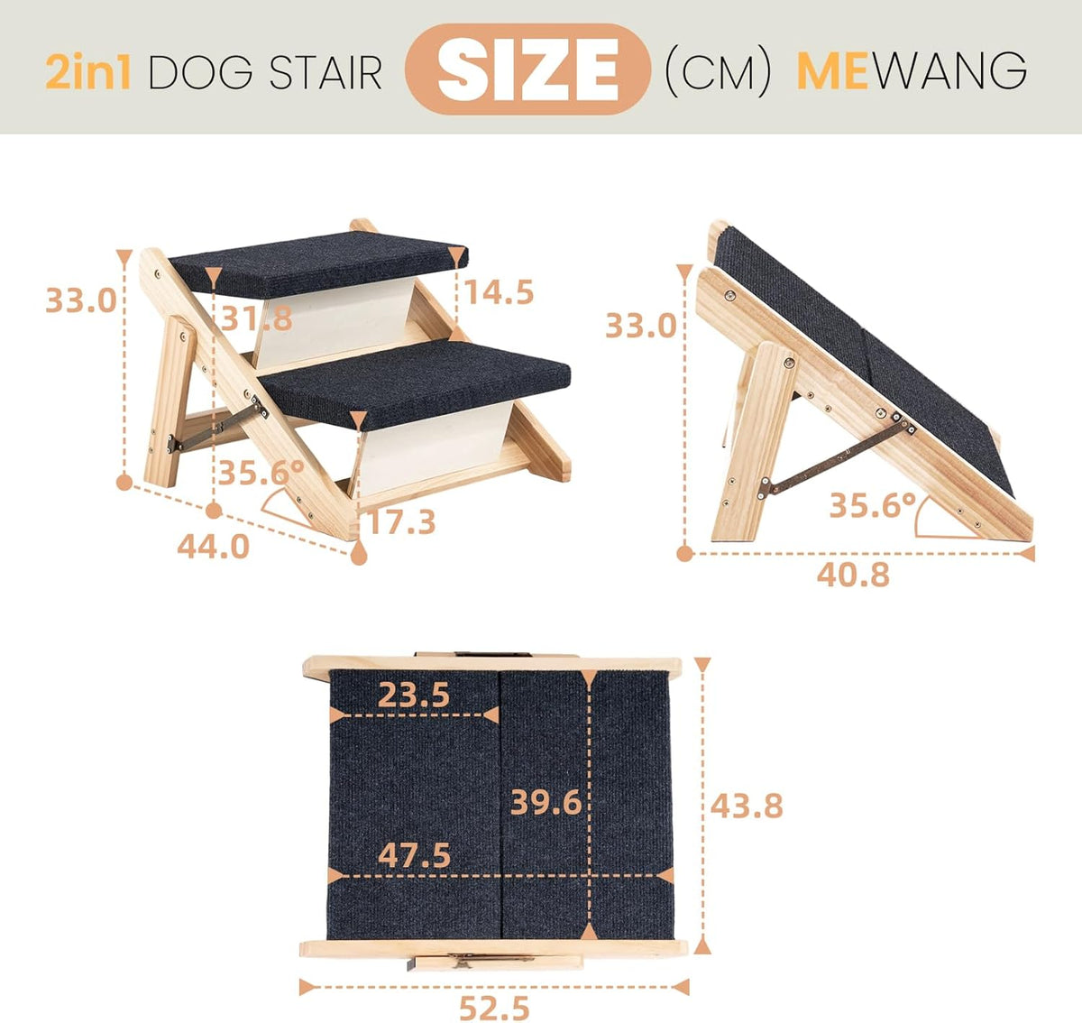 MEWANG Wood Pet Stairs & Ramp for Small/Medium Dogs and Cats, Aging Pets – 3-in-1 Foldable, Portable, Non-Slip Pet Ladder for Tall Beds, Couches,Cars–Holds Up to 220 lbs (17.3" L x 17.2" W x 13.0" H)