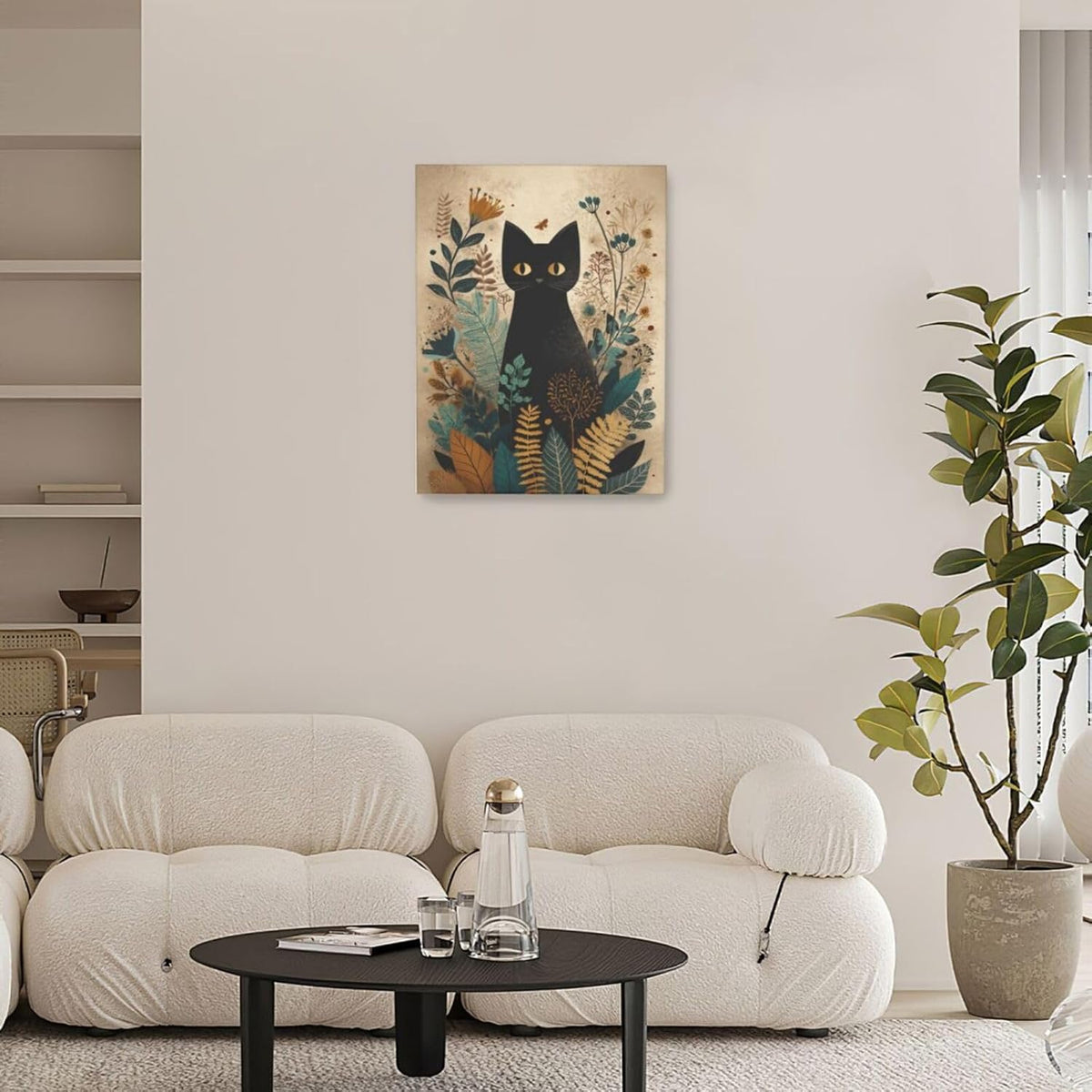 Boho Black Cat Wall Art Kitten Botanical Wall Decor Mid Century Modern Canvas Painting Print Minimalist Pictures Artwork Framed Decorations Gifts for Cat Lover Bathroom Nursery Living Room Bedroom Kitchen 12"x16"