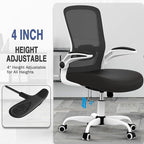 Mimoglad Ergonomic Office Chair - BIFMA Certified, Flip-up Armrests & 135° Recline, Adjustable Lumbar Support - Space-Saving Task Chair for Business/Team Office & Home (White Frame-Black, 300lbs)