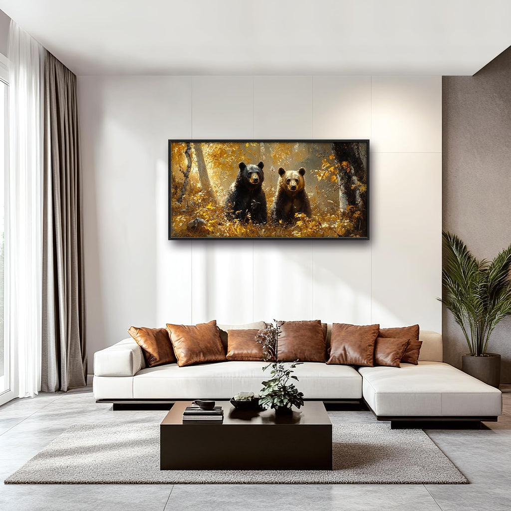 Large Forest Bear Wall Art for Living Room, Black Bear Autumn Canvas Oversized Wall Decor, Wildlife Framed Pictures Painting Print Artwork for Bedroom Office 60L" x 30W"