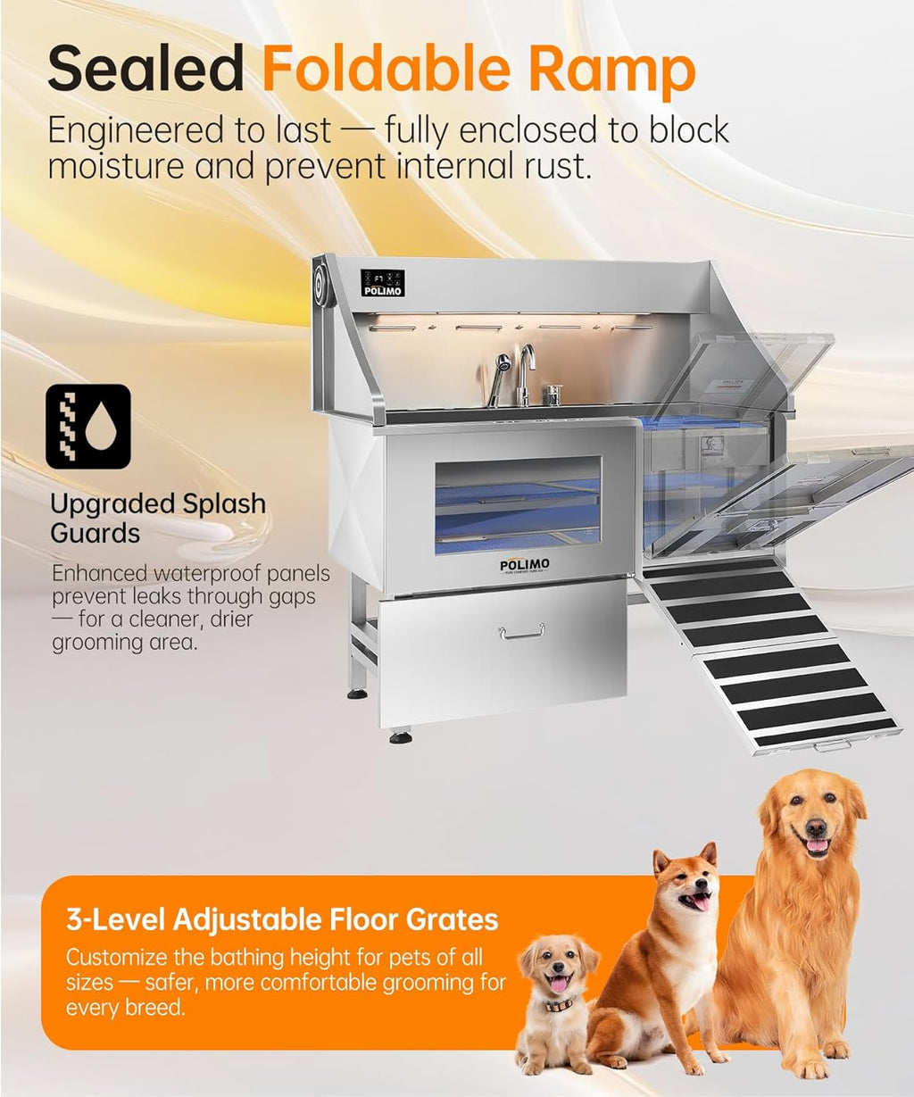 polimo Dog Washing Station with Dryer & LED, Professional Stainless Steel Grooming Tub, Dog Bathtub for Large, Medium & Small Dog, w/Window, Ramp, Drawer, Floor Grate &Fauct （Right RAMP & Dryer, 50"）