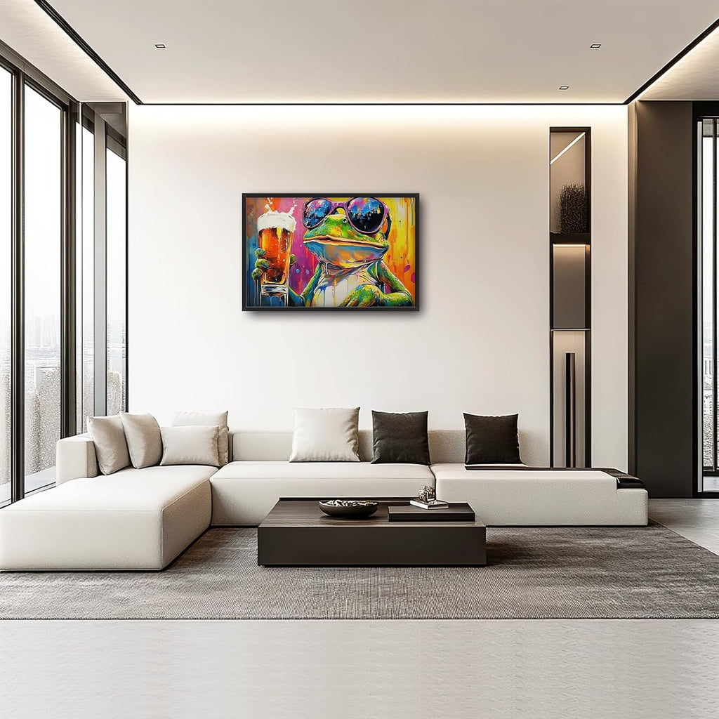Large Graffiti Frog Wall Art for Living Room, Framed Oversized Funny Frog Beer Wall Decor Colorful Animal Canvas Painting Modern Artwork for Bathroom Bedroom Office Dining Room 36"x24"