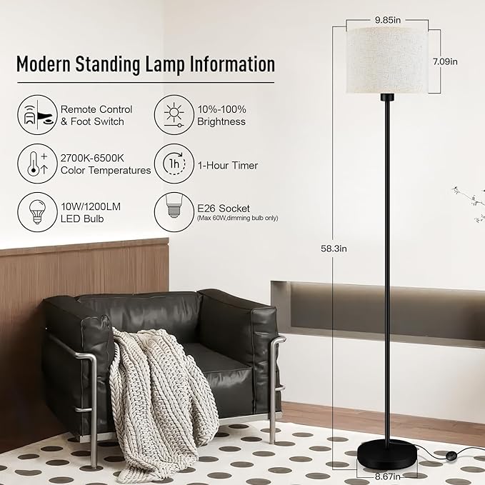 Floor Lamps for Living Room, Stepless Dimmable Floor Lamp with Remote, 2700K-6500K Colors Temperature & Brightness Adjustable,10W/1200LM Bright LED Floor Lamp, Modern Standing Lamp for Bedroom/Office