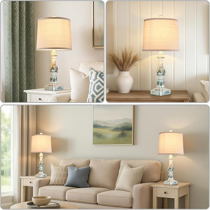 RORIANO 23'' Set of 2 Rustic Table Lamps for Bedroom Living Room, Traditional Farmhouse Resin Desk Lamps, Washed Green Retro Nightstand Lamps for Home Office Entryway, 2 Bulbs Included