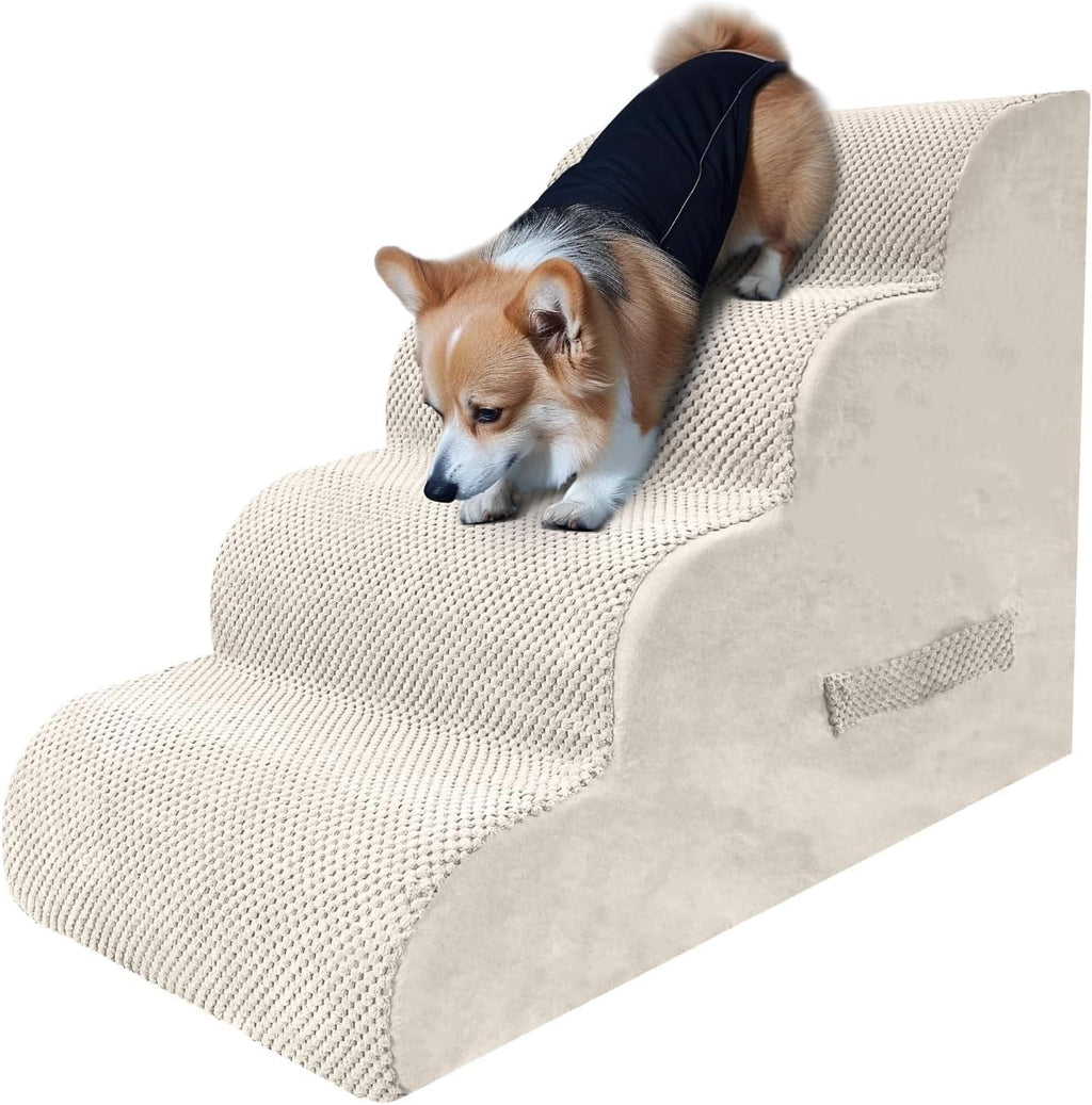 PAWSCART Dog Stairs for Small Dogs and Cats, 4-Step Dog Steps for Bed, 19.6" H Pet Stairs for High Bed, Pet Ramp for Couch, Sofa, Non-Slip Surface Removable Washable Cover, Beige