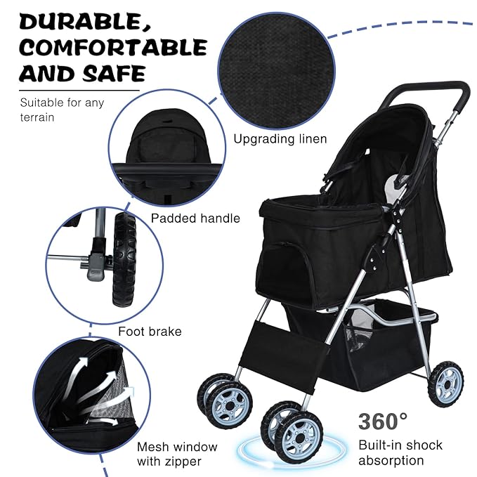 Dog Stroller for Small Dogs,Pet Stroller Strolling Cart 4 Wheels Folding Pet Gear Lightweight Waterproof with Storage Basket for Puppy Small Medium Dogs Cats for Travel,Black