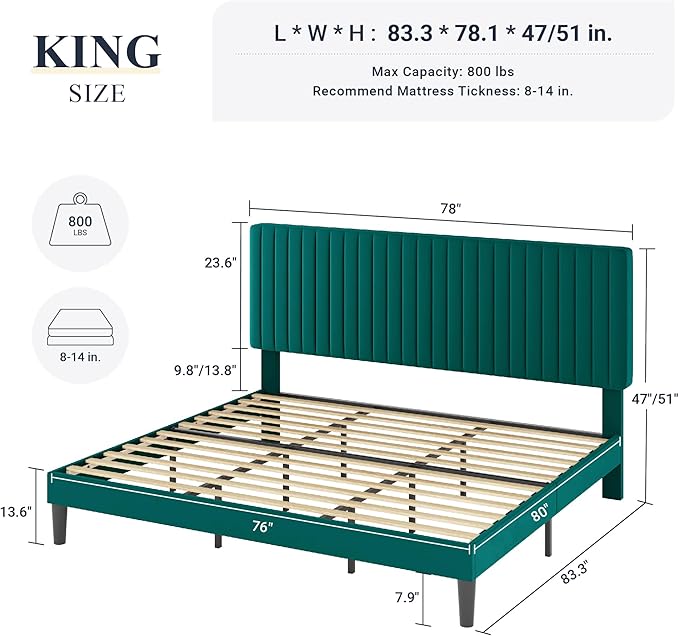 Allewie King Bed Frame, Velvet Upholstered Platform Bed with Adjustable Vertical Channel Tufted Headboard, Mattress Foundation with Strong Wooden Slats, Box Spring Optional, Easy Assembly, Teal