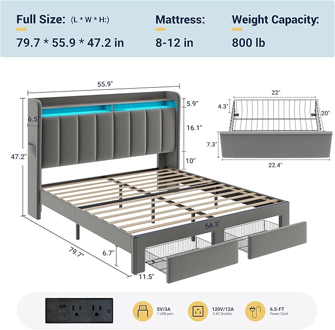 Allewie Velvet Vertical Tufted Full Size Upholstered Platform Bed Frame with 2-Tier LED Storage Headboard & 2 Storage Drawers, USB & Type-C Charging Ports, Noise-Free/No Box Spring Needed, Grey