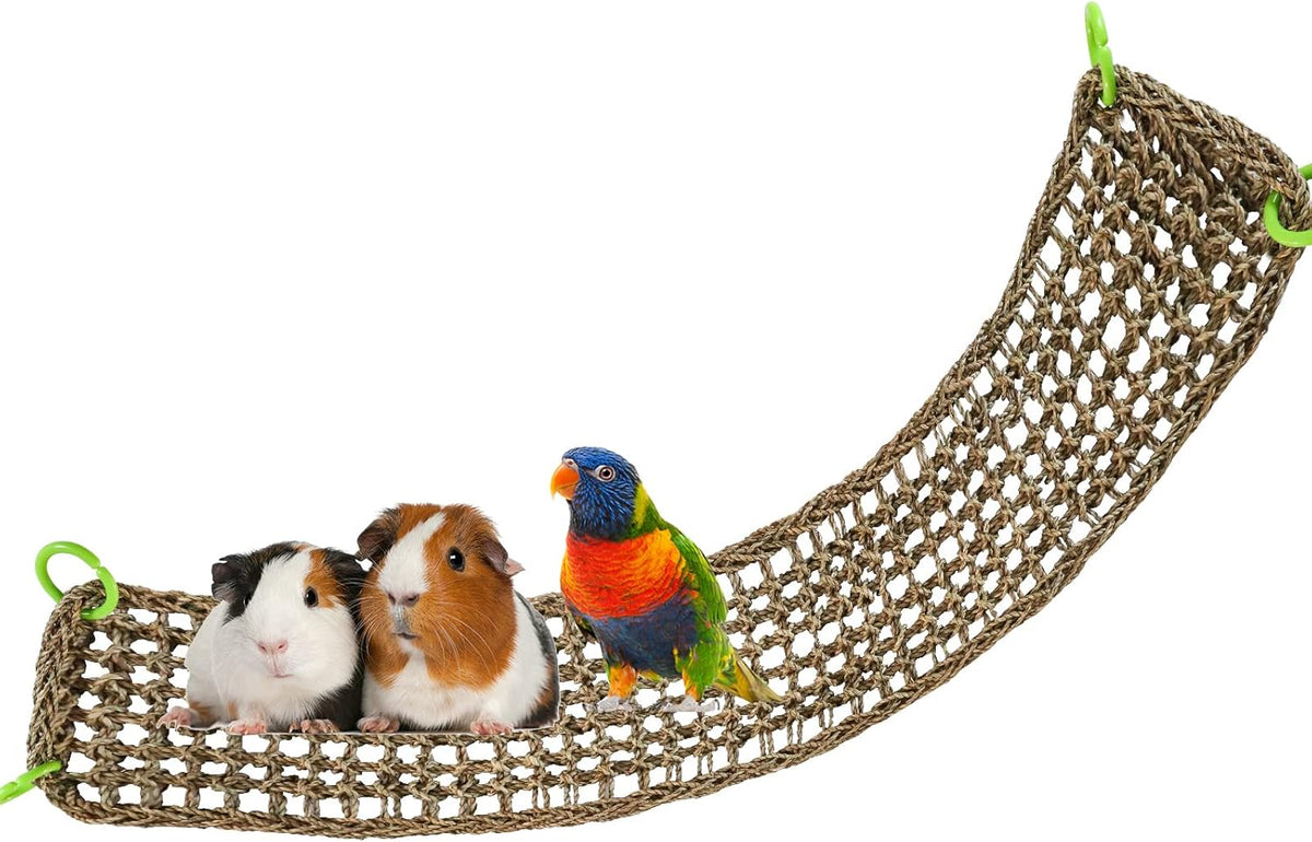 39 x 7 Inches Seagrass Mat, Natural Seagrass Woven Net, Bird Hammock Mat with Hooks, Cage Accessories, Climbing Rope Ladder Chew Toys for Cockatiel, Hamster, Guinea Pig, Rats, Parakeet