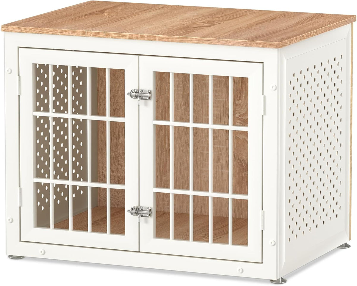 32" Heavy Duty Dog Crate Furniture for Small and Medium Dogs, Metal Kennel for High Anxiety Dogs, Chew Proof Pet Cage Indoor, Decorative Dog Kennel End Table, White