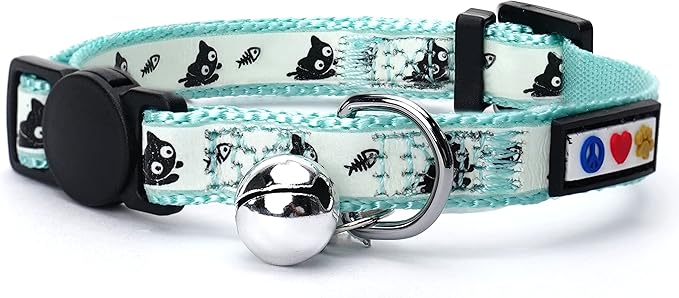 Pawtitas Glow in The Dark Cat Collar Kitten Collar with Safety Buckle and Removable Bell - Teal
