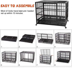 LEMBERI 42 inch Heavy Duty Indestructible Dog Crate, Escape Proof Dog Cage Kennel with Lockable Wheels,High Anxiety Double Door Dog Crate,Extra Large Crate Indoor for Large Dog with Removable Tray