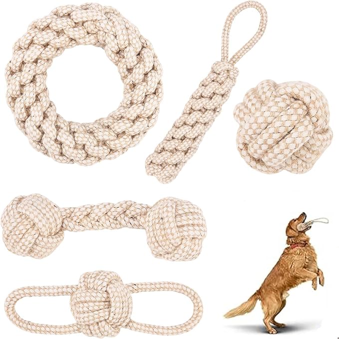 Rope Toys for Small and Medium Dogs, Chew Toys for Aggressive Chewers, Handwoven Cotton & Hemp Chew Toys with Knot and Ball, Interactive Toys for Tug of War, Training, Gum Massaging (5Pcs, Hemp Toys)