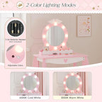 MU Kids Vanity Set with Lighted Mirror and Stool, Kids Make Up Vanity Desk with Storage Space, Wing Pattern for Little Girls, Toddler Princess Makeup Dressing Table with Chair Set, Pink