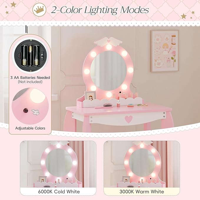 MU Kids Vanity Set with Lighted Mirror and Stool, Kids Make Up Vanity Desk with Storage Space, Wing Pattern for Little Girls, Toddler Princess Makeup Dressing Table with Chair Set, Pink