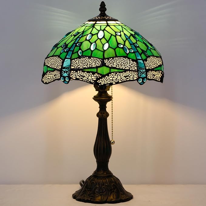 Tiffany Table Lamp Stained Glass Lamp 12X12X19 Inch Antique Reading Light (Green Dragonfly)
