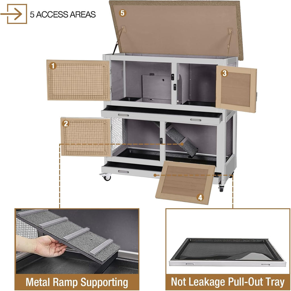 Rabbit Hutch Outdoor Indoor Bunny Cage 2 with Large Pull-Out Trays 2 Story Guinea Pig Cage on Wheels- Move Freely