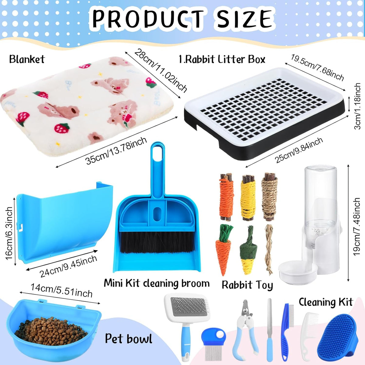 19 Pcs Rabbit Starter Kit Small Bunny Litter Box Rabbit Grooming Kit Water Bottle Bunny Toys Hay Feeder Bowl Blankets with Cleaning Set for Guinea Pig Accessories(Black,Cloud)
