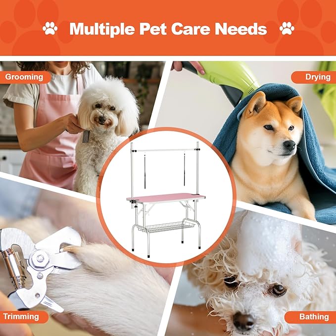 46'' Dog Grooming Table for Large Dogs, Foldable Professional Grooming Table for Dogs at Home with Double Loops/Mesh Tray/Adjustable Arm, Capacity up to 330lbs, Pink