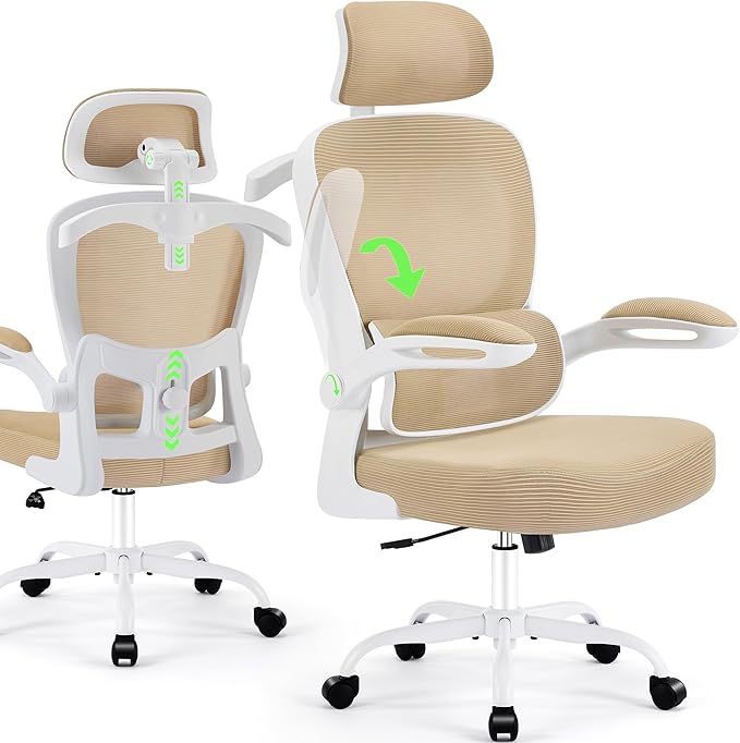 Office Chair Ergonomic Desk Chairs with Adjustable Lumbar Support& Headrest Hanger, High Back Breathable Mesh Chair with Wheels, Rolling Swivel Comfy Task Computer Chair for Home Work Gaming
