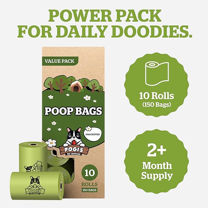 Pogi’s Dog Poop Bags – Leak-Proof & Extra Thick Pet Waste Bags (Unscented, 10 Rolls, 150-Count)