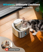 oneisall Wireless Cat Water Fountain, 3.5L/118oz Battery Operated Pet Drinking Fountain Stainless Steel, Running Water Dispenser Fountains for Cats, Cordless&Rechargeable with Motion Sensor(Hale 3.5L)