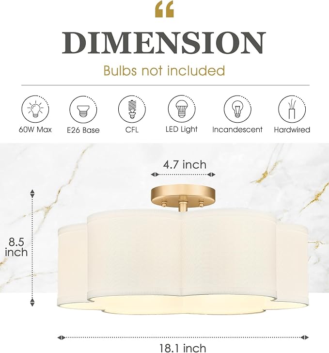 Gold Semi Flush Mount Ceiling Lights, 6-Light 18Inch Ceiling Light Fixtures with Fabric Shade in Flower Shape, Farmhouse Brass Drum Lighting for Nursery Bedroom Kitchen, AD-22007-6SF-GD