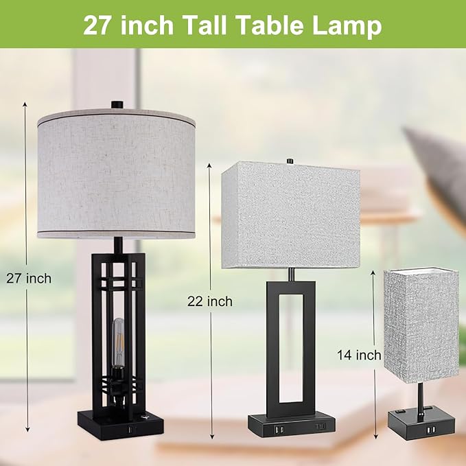 27" Touch Control Farmhouse Table Lamps, Set of 2 Tall Rustic Table Lamps 2-Light Design with USB A+C Ports, Bedside Lamps with Cream Shade for Living Room Home Office, 4 LED Bulbs Included