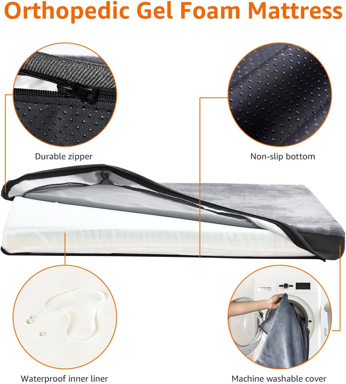 Amazon Basics Dog Bed with Cooling Gel Memory Foam, Pressure-Relief Support for Dogs up to 120lbs, Non-Slip Bottom, Machine Washable Cover, Giant Sized (50" x 34"), Grey