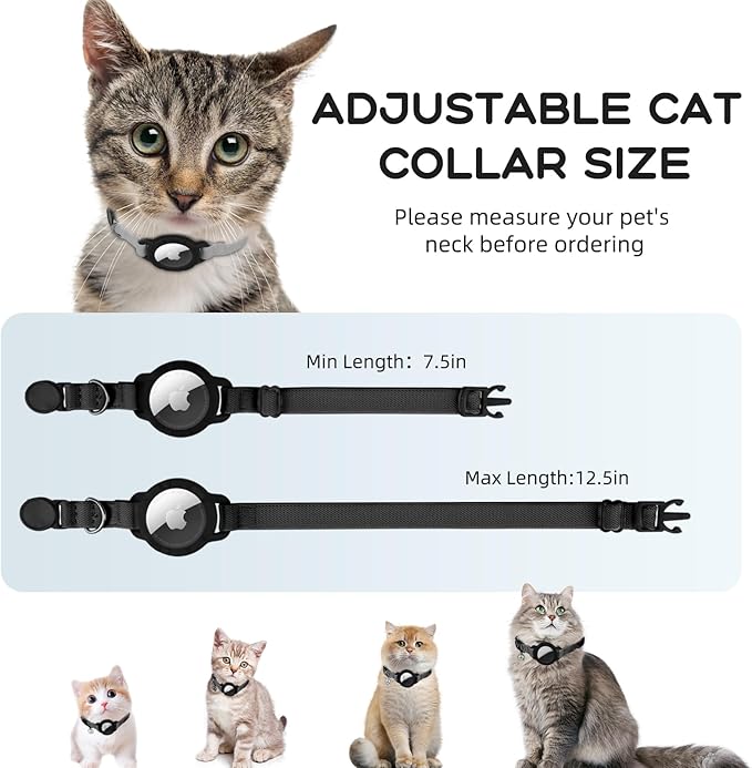AirTag Cat Collars, Stretchy Collar with Apple AirTag Holder and Bell, Breakaway Ultra Design Elastic GPS Tracking Collars for Cats and Puppies, (7.5-12.5 Inch), Black