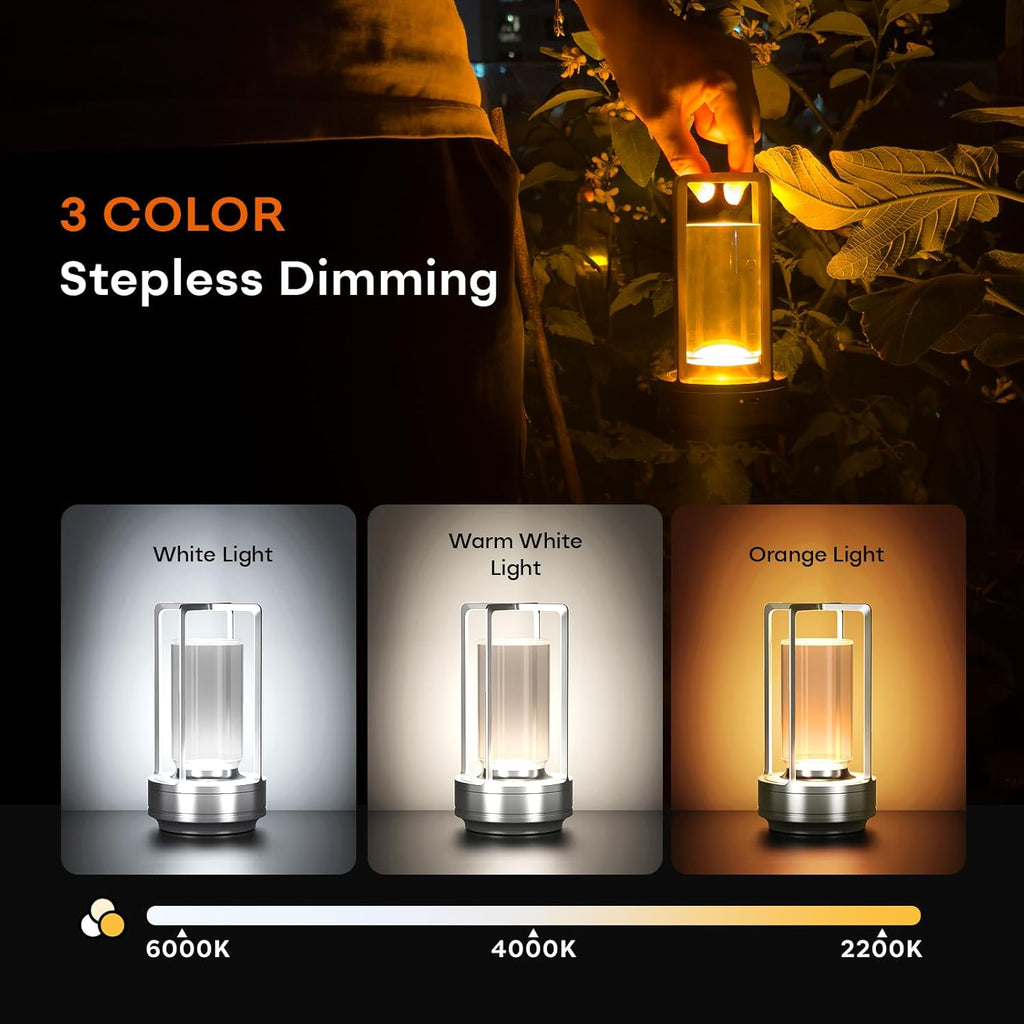 Portable Metal Table Lamp for Indoor/Outdoor ,Rechargeable Cordless LED Lamp, 3-Colour Infinitely Dimming Battery Powered Small Desk Lamp, Restaurant/Bedroom/Bar/Coffee/Camping Light (Sliver Set of 2)