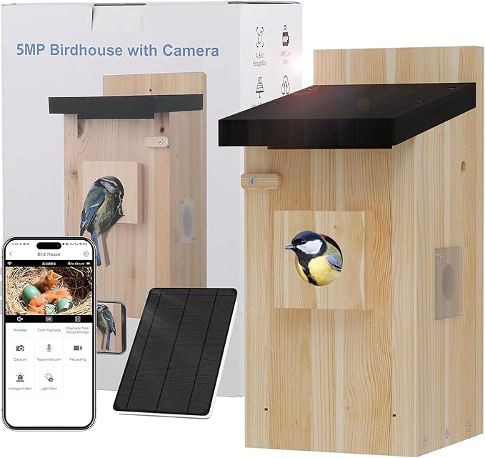Bird House with Camera, 5MP Smart Birdhouse Camera with Solar Powered, Bird Box Camera for Families, Motion Detection & 32GB SD Card, Watch Bird Nesting & Hatching in Real Time, Ideal Gift for Friends