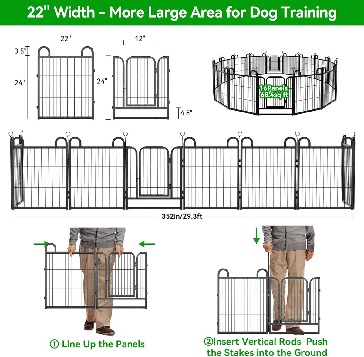 Puppy Playpen 16 Panels Small Dog Fence Outdoor Indoor Use 24" Height Anti-Rust with Doors Portable Dog Play Pen for RV Camping Yard, Total 29FT, 68 Sq.ft, Snowy Black