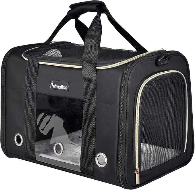 Petmolico Cat Carrier Soft-Sided Pet Bag for Small Medium Cats Puppies 16LBs - Airline Approved Pet Travel Carrier 3 Open Doors (Medium,Black)