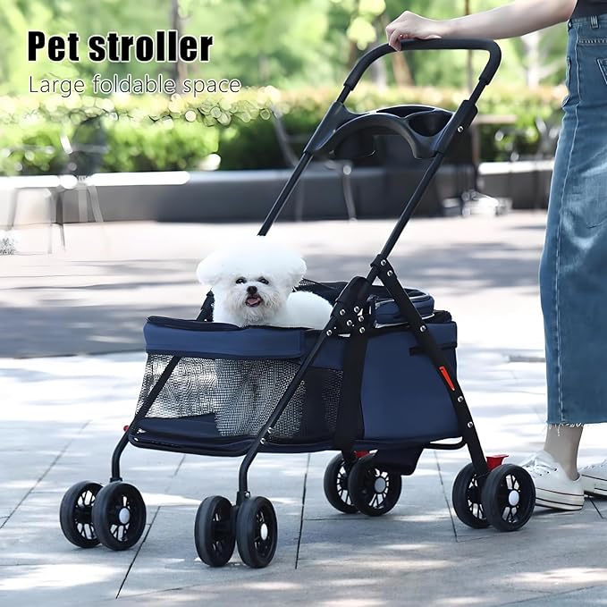 Pet Stroller 4 Wheels Dog Cat Stroller,Outdoor Trave Pet Folding Stroller,Foldable Dog Cat Cage Jogger Stroller with Cup Holder,Breathable and Visible Mesh for Medium Dogs Cats Pink